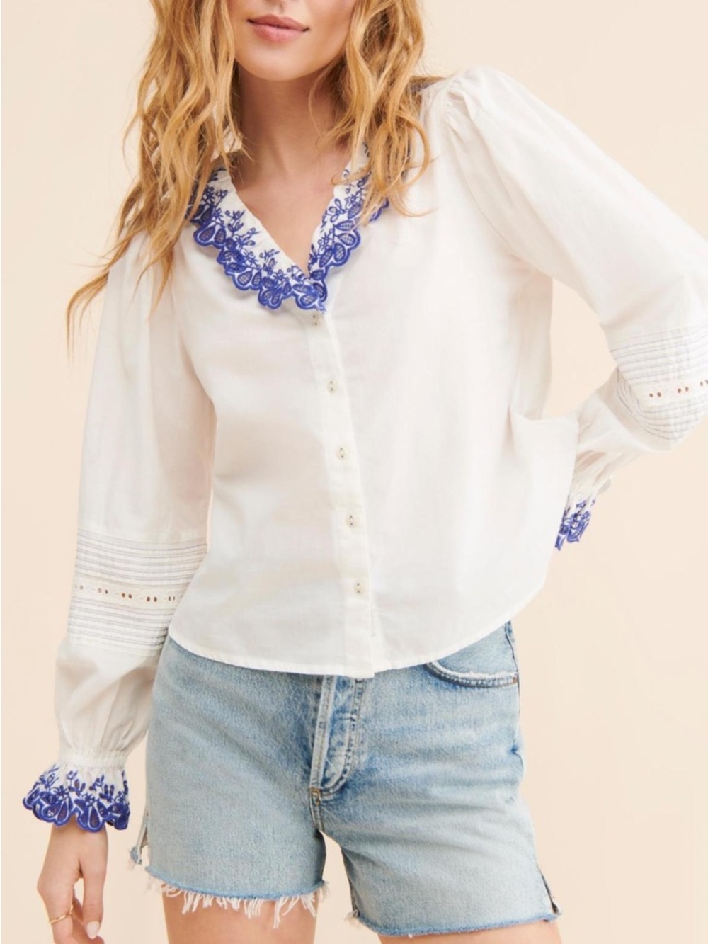 Scotch & Soda Embroidered V-Neck White Blouse with Blue Trim